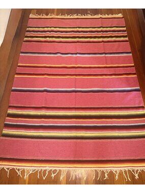 Vtg Woven MEXICAN BLANKET Large Deep PINK with Colorful STRIPES 60"x84" + Fringe